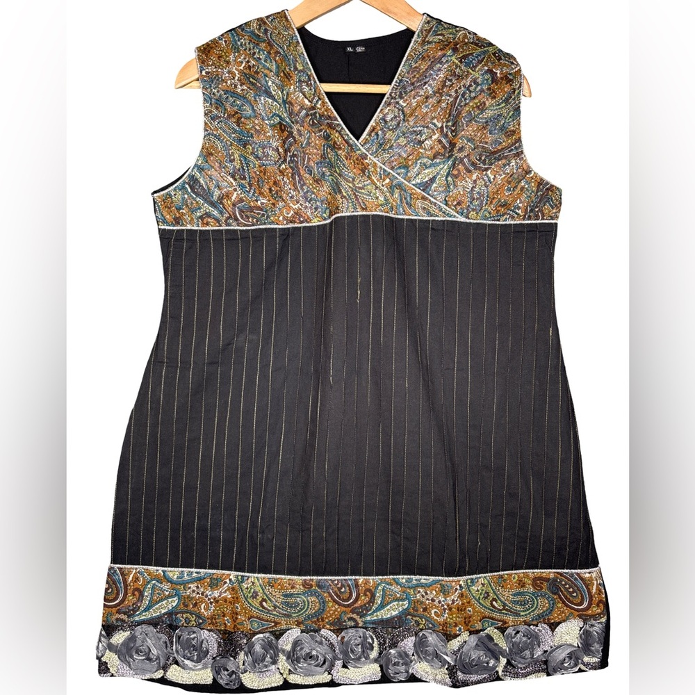 Black Paisley Mini Dress V-Neck Sleeveless Large